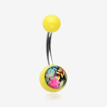 Hawaiian Luau Flower Acrylic Logo Belly Button Ring-Yellow